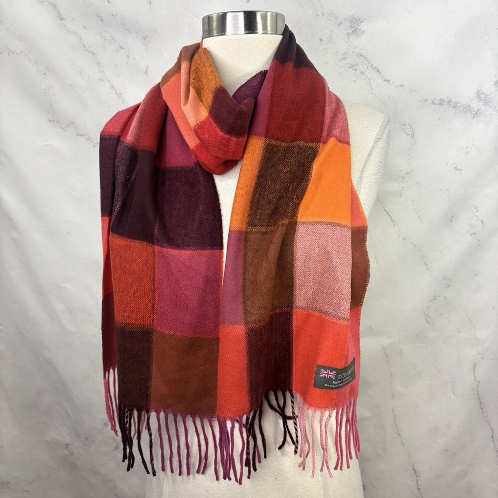 100% Cashmere Made In Scotland Purple Pink Striped Scarf 12x67 Geometric Cottage